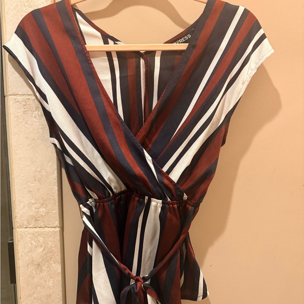 Express Women's maroon & Navy Striped Wrap Top peplum